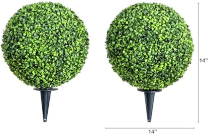 14-in Artificial Boxwood Topiary Ball for Outdoor Use with Integrated Ground Stake, Set of 2 Faux Boxwood Plants for Lawn & Garden, Bac
