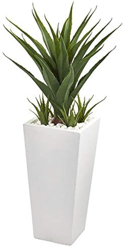 40” Spiky Agave Artificial White Planter Silk Plants, Green, 16x16x40