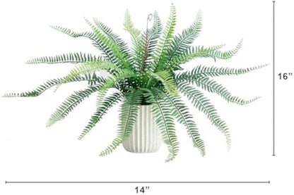 16-Inch Artificial Boston Fern Plant – Lifelike Greenery in Textured Cement Planter