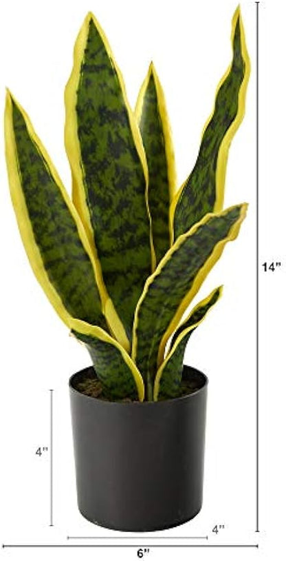 14-in Artificial Tall Snake Plant Sansevieria, Yellow Faux Snake Plant for Indoor Home Decor in Black Nursery Pot, Fake Plant for Offic