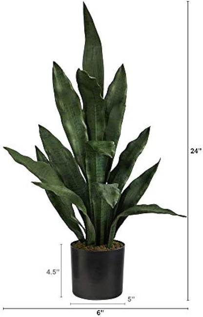 2-ft Artificial Tall Snake Plant Sansevieria, Green Faux Snake Plant for Indoor Home Decor in Black Nursery Pot, 24-in Fake Plant for O