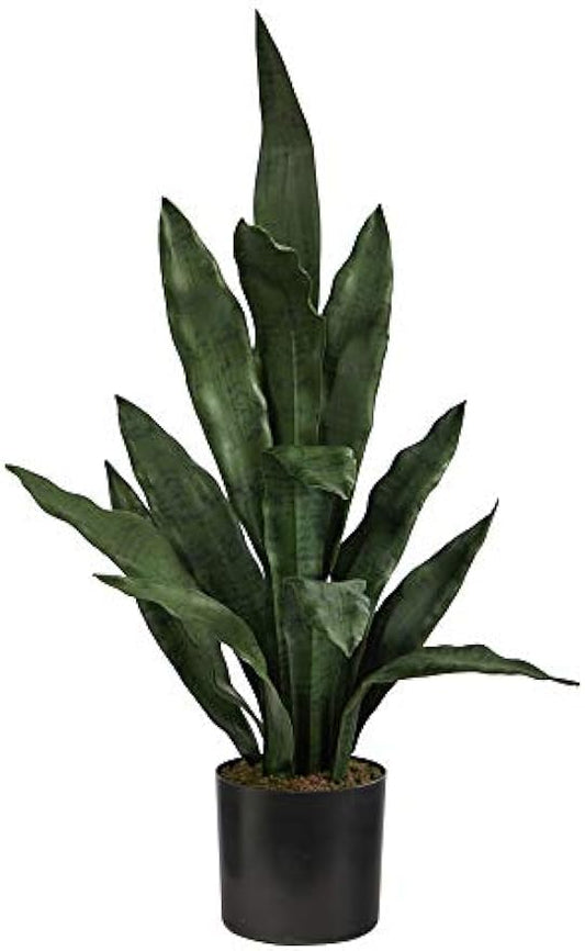 2-ft Artificial Tall Snake Plant Sansevieria, Green Faux Snake Plant for Indoor Home Decor in Black Nursery Pot, 24-in Fake Plant for O