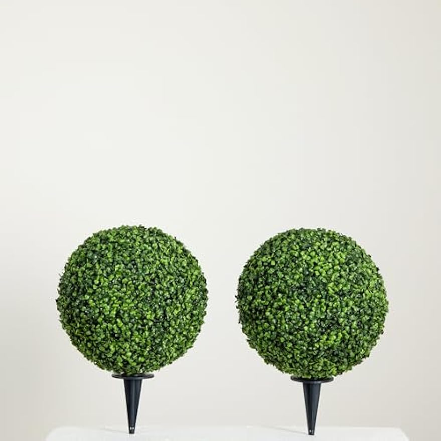 14-in Artificial Boxwood Topiary Ball for Outdoor Use with Integrated Ground Stake, Set of 2 Faux Boxwood Plants for Lawn & Garden, Bac