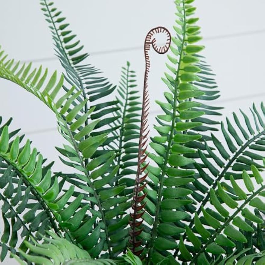 16-Inch Artificial Boston Fern Plant – Lifelike Greenery in Textured Cement Planter