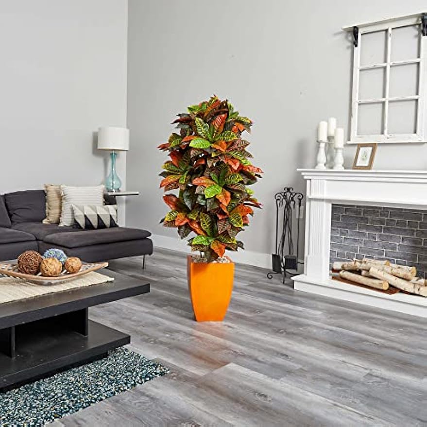 5.5ft. Croton Artificial Plant in Orange Planter (Real Touch)