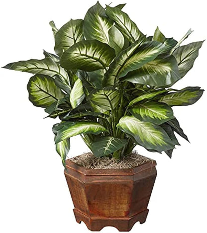 22IN Artificial Triple Golden Dieffenbachia Plant with Decorative Wood Planter, Faux Plant for Indoor Home Décor