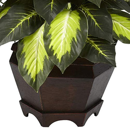 22IN Artificial Triple Golden Dieffenbachia Plant with Decorative Wood Planter, Faux Plant for Indoor Home Décor