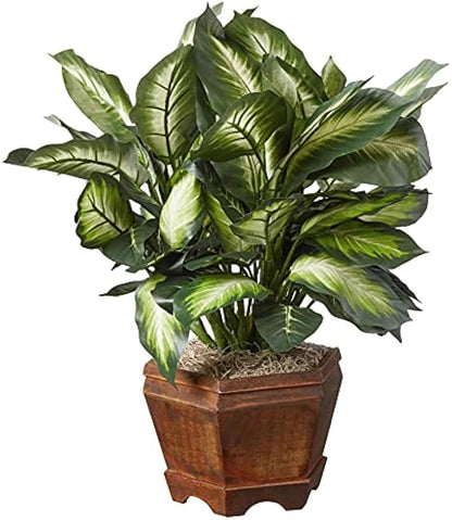 22IN Artificial Triple Golden Dieffenbachia Plant with Decorative Wood Planter, Faux Plant for Indoor Home Décor