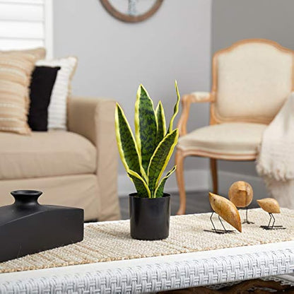 14-in Artificial Tall Snake Plant Sansevieria, Yellow Faux Snake Plant for Indoor Home Decor in Black Nursery Pot, Fake Plant for Offic