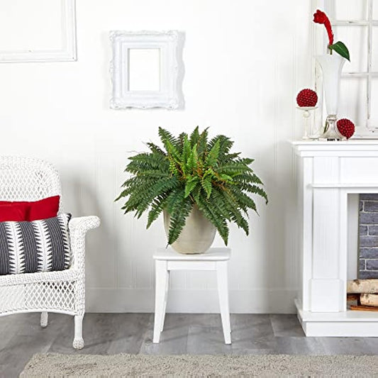 22" Boston Fern Artificial Plant In Sandstone Planter, Green