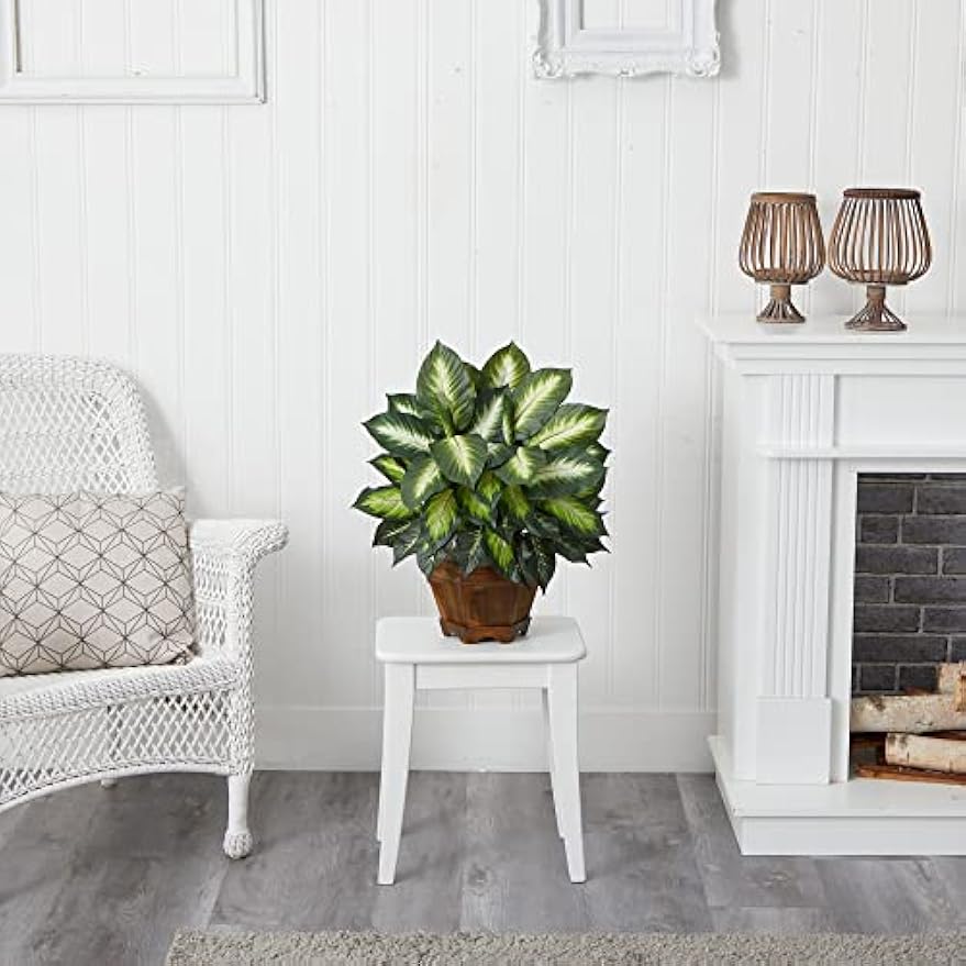 22IN Artificial Triple Golden Dieffenbachia Plant with Decorative Wood Planter, Faux Plant for Indoor Home Décor
