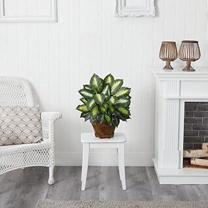 22IN Artificial Triple Golden Dieffenbachia Plant with Decorative Wood Planter, Faux Plant for Indoor Home Décor
