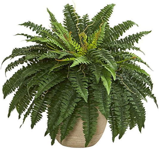 22" Boston Fern Artificial Plant In Sandstone Planter, Green