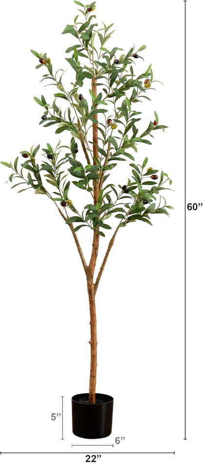 5FT Tall Silk Faux Olive Tree for Home and Office Decor, Fake Potted Tree with Natural Wood Trunk, Realistic Branches and Lifelike Frui No50