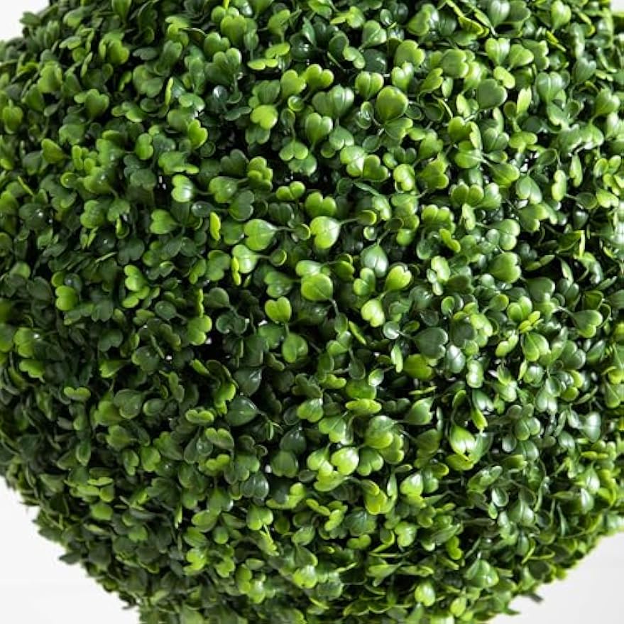 14-in Artificial Boxwood Topiary Ball for Outdoor Use with Integrated Ground Stake, Set of 2 Faux Boxwood Plants for Lawn & Garden, Bac