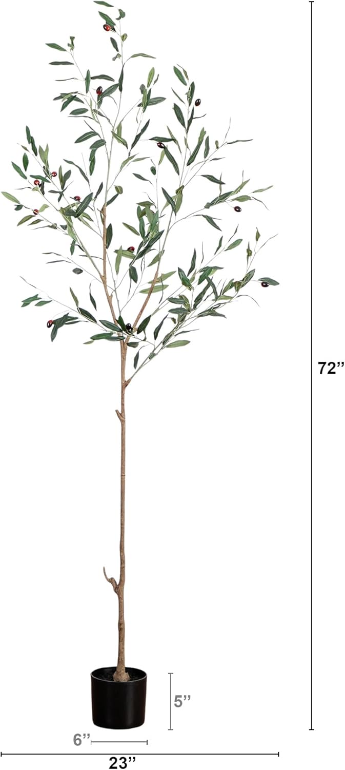 6ft Artificial Olive Tree - Slim Minimalist Design with Lifelike Faux Olives, Flexible Branches, Includes Nursery Planter