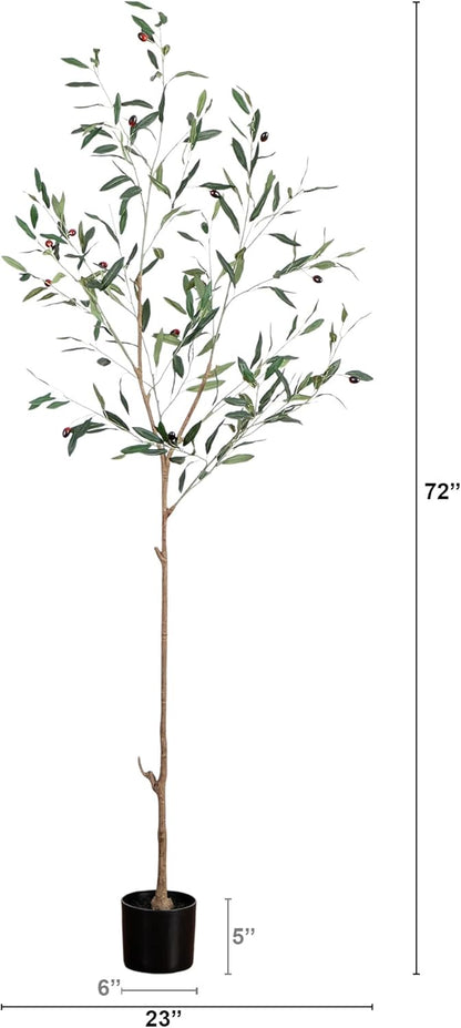 6ft Artificial Olive Tree - Slim Minimalist Design with Lifelike Faux Olives, Flexible Branches, Includes Nursery Planter
