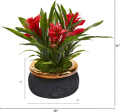 Nearly Natural 11in. Bromeliad Artificial Plant in Stoneware Planter No50