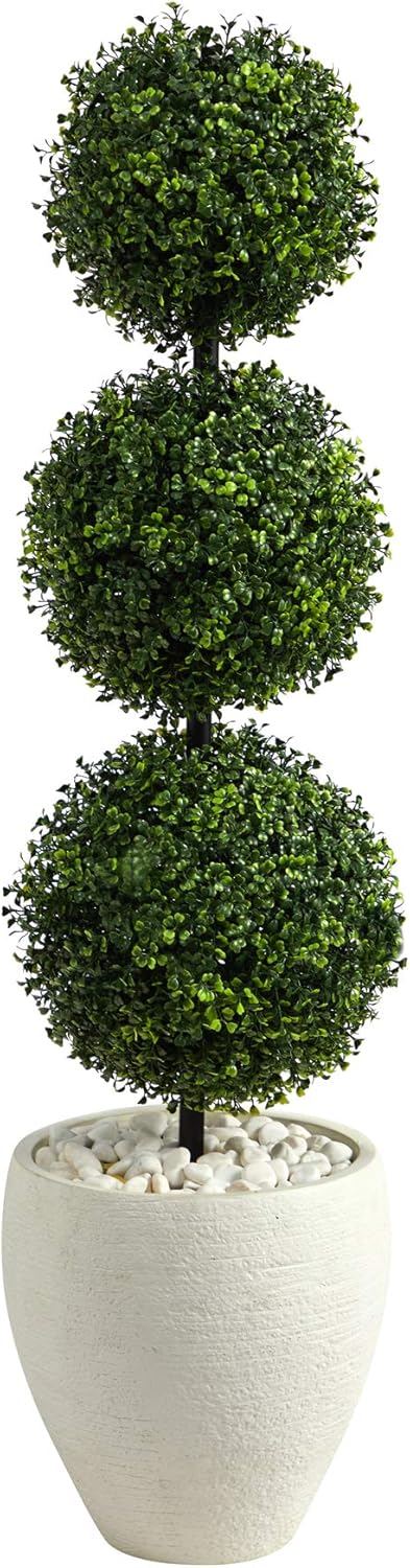 Nearly Natural 3.5ft. Boxwood Triple Ball Topiary Artificial Tree in White Planter (Indoor/Outdoor)
