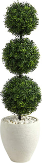 Nearly Natural 3.5ft. Boxwood Triple Ball Topiary Artificial Tree in White Planter (Indoor/Outdoor)