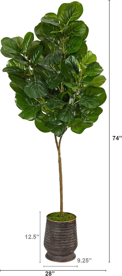 74in. Fiddle Leaf Fig Artificial Tree in Ribbed Metal Planter