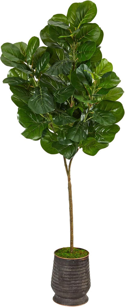 74in. Fiddle Leaf Fig Artificial Tree in Ribbed Metal Planter