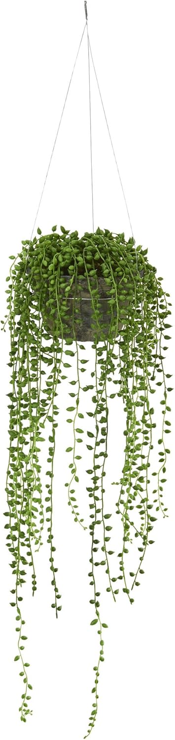 String of Pearl Hanging Basket Artificial Plant, 6 In. W x 6 In. D x 21 In. H, Green