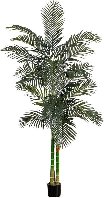 8FT Artificial Golden Cane Palm Tree, Fake Palm Tree with Two Realistic Trunks and Lifelike Palm Leaves, Faux Palm Plant for Indoor Hom