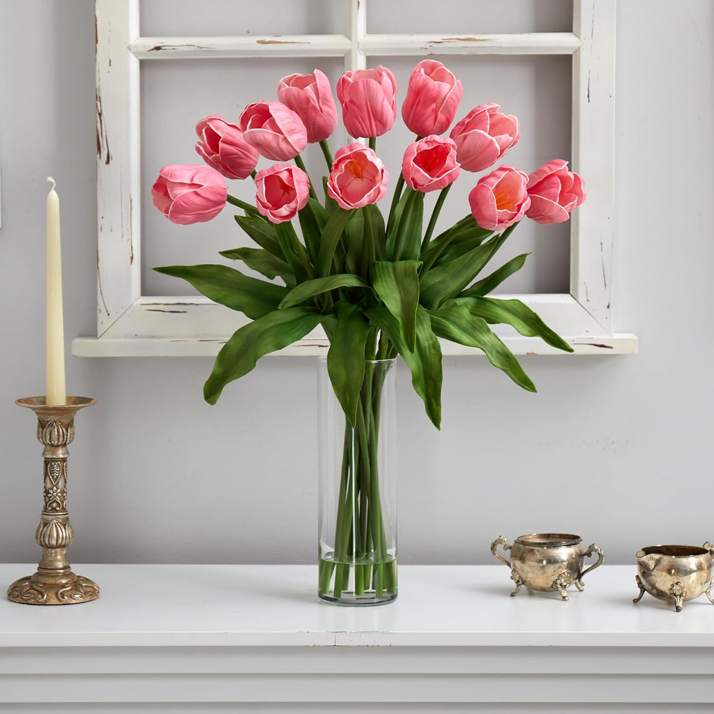 23in. Artificial Tulip Arrangement with Cylinder Glass Vase, Pink No50