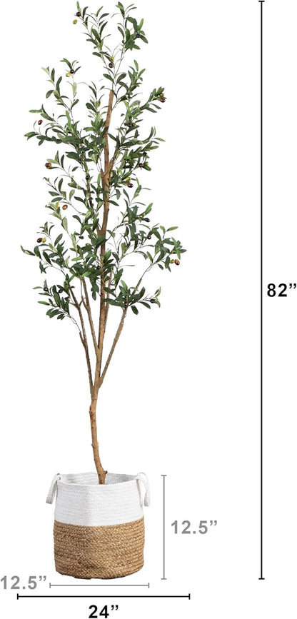Olive Tree Artificial Indoor 7FT Tall with Jute Basket Planter Fake Olive Tree for Home & Office Decor, Faux Olive Tree with Natural Wo