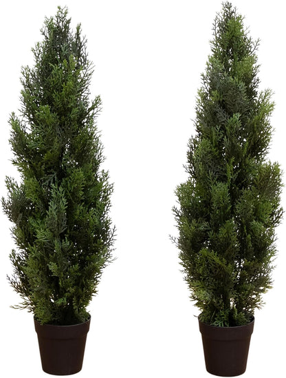 Nearly Natural 3ft Cedar Pine Artificial Tree, UV Resistant, Realistic Cone-Shaped Greenery, Indoor/Outdoor Decor, Set of 2