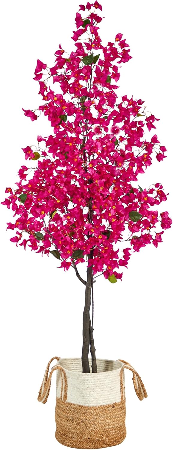 6ft. Pink Artificial Bougainvillea Tree with Handmade Jute & Cotton Basket