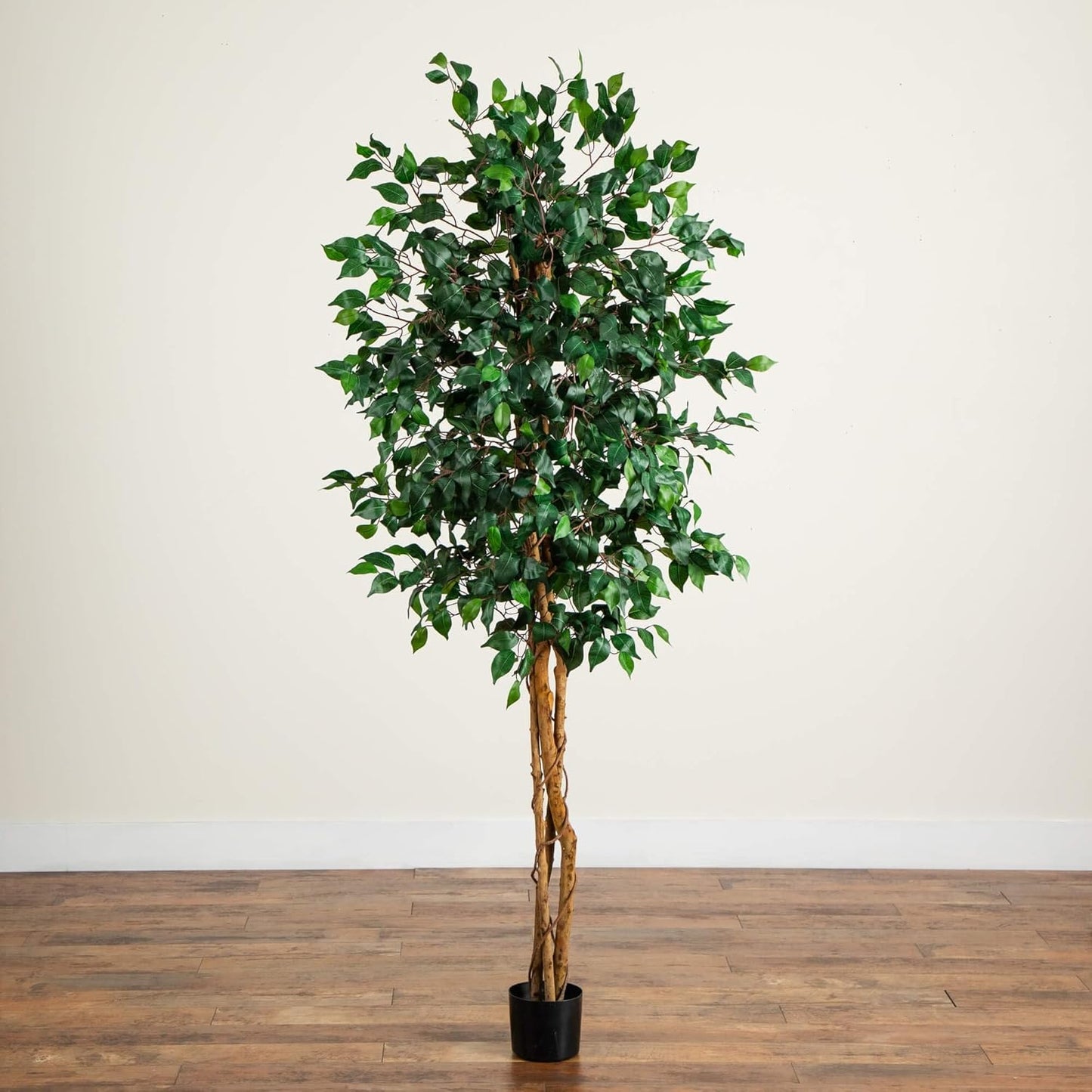 Nearly Natural 74-Inch Triple Trunk Artificial Ficus Tree with Natural Wood Trunks, Fake Tree for Indoor Home Décor, Faux Ficus Tree with Black Nurser No50
