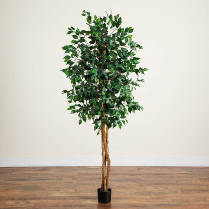 Nearly Natural 74-Inch Triple Trunk Artificial Ficus Tree with Natural Wood Trunks, Fake Tree for Indoor Home Décor, Faux Ficus Tree with Black Nurser No50