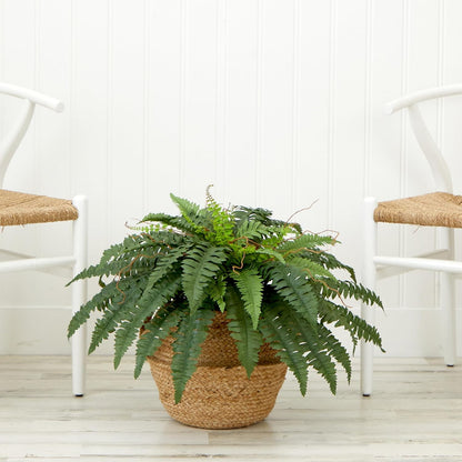 23in. Artificial Boston Fern Plant with Handmade Jute & Cotton Basket DIY KIT