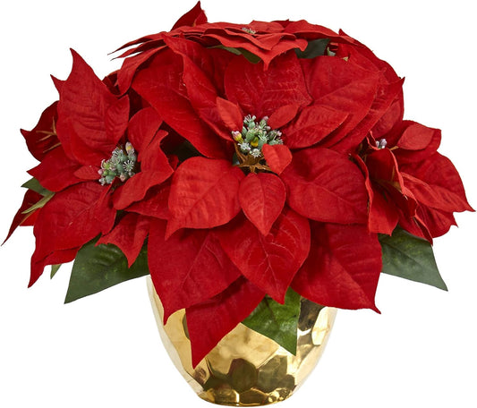 Poinsettia Artificial Arrangement in Golden Vase