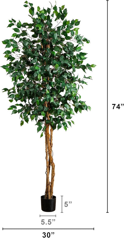 Nearly Natural 74-Inch Triple Trunk Artificial Ficus Tree with Natural Wood Trunks, Fake Tree for Indoor Home Décor, Faux Ficus Tree with Black Nurser No50