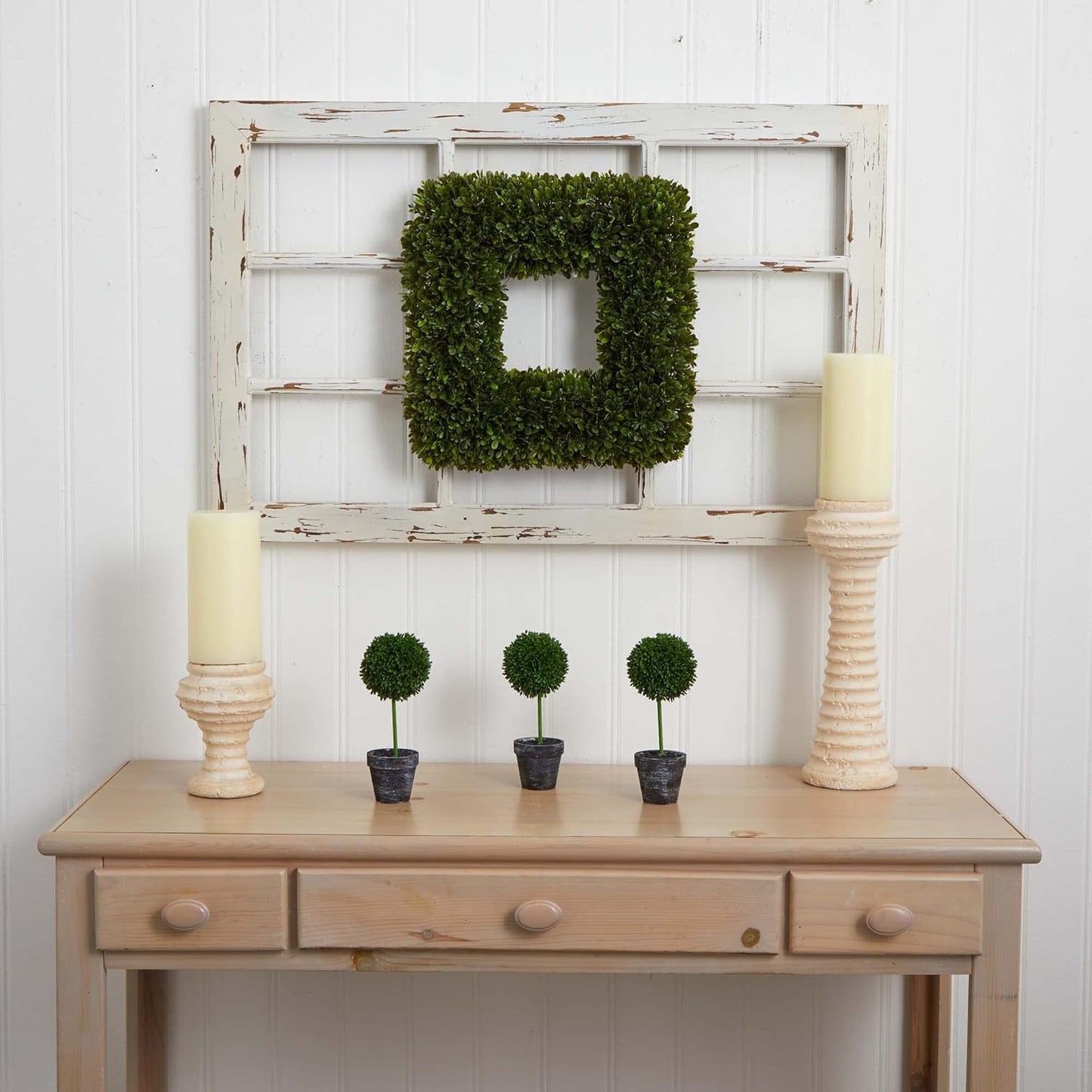 17" Tea Leaf Square Wreath UV Resistant Artificial Plant, Green