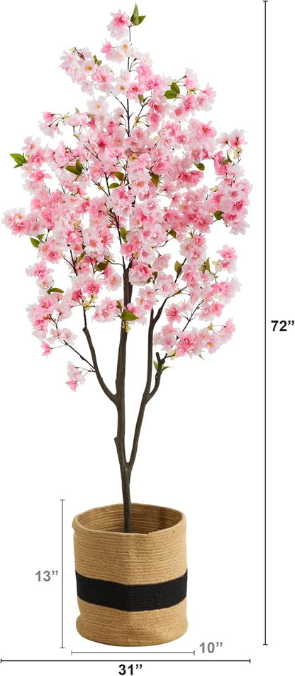 6ft. Artificial Cherry Blossom Tree with Handmade Jute & Cotton Basket