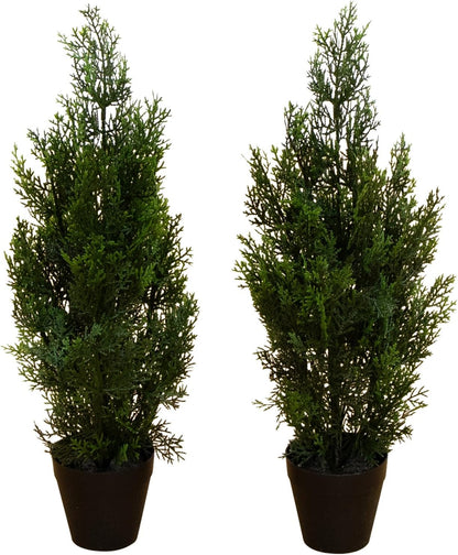 Nearly Natural 2ft UV Resistant Artificial Cedar Pine Tree - Indoor/Outdoor Faux Greenery Decor, Set of 2, Deep Green Cedar Leaves, No Maintenance Req