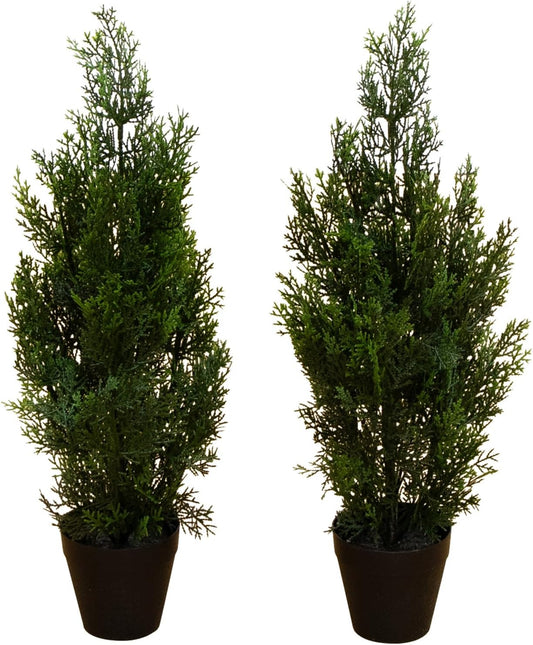 Nearly Natural 2ft UV Resistant Artificial Cedar Pine Tree - Indoor/Outdoor Faux Greenery Decor, Set of 2, Deep Green Cedar Leaves, No Maintenance Req