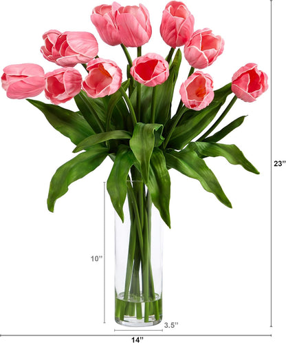 23in. Artificial Tulip Arrangement with Cylinder Glass Vase, Pink No50