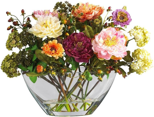 Peony with Glass Vase Silk Flower Arrangement