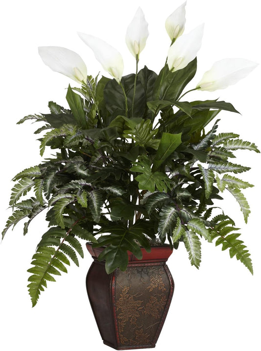 6677 Mixed Greens with Spathiphyllum and Vase Decorative Silk Plant, Green,7.5" x 9" x 30"