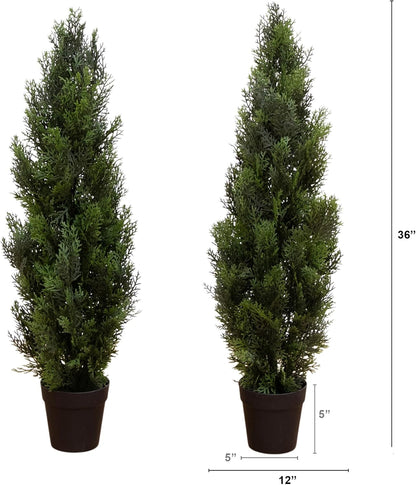 Nearly Natural 3ft Cedar Pine Artificial Tree, UV Resistant, Realistic Cone-Shaped Greenery, Indoor/Outdoor Decor, Set of 2