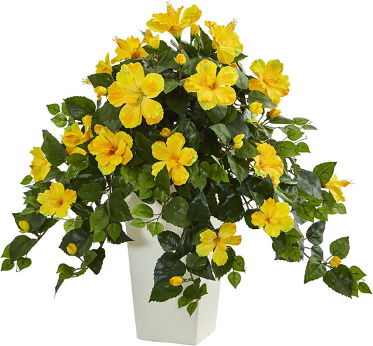 Hibiscus Artificial Plant in White Tower Planter No50