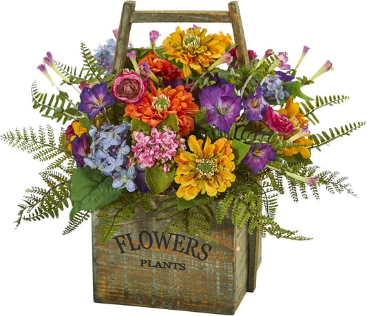 Mixed Floral Artificial Arrangement in Wood Basket