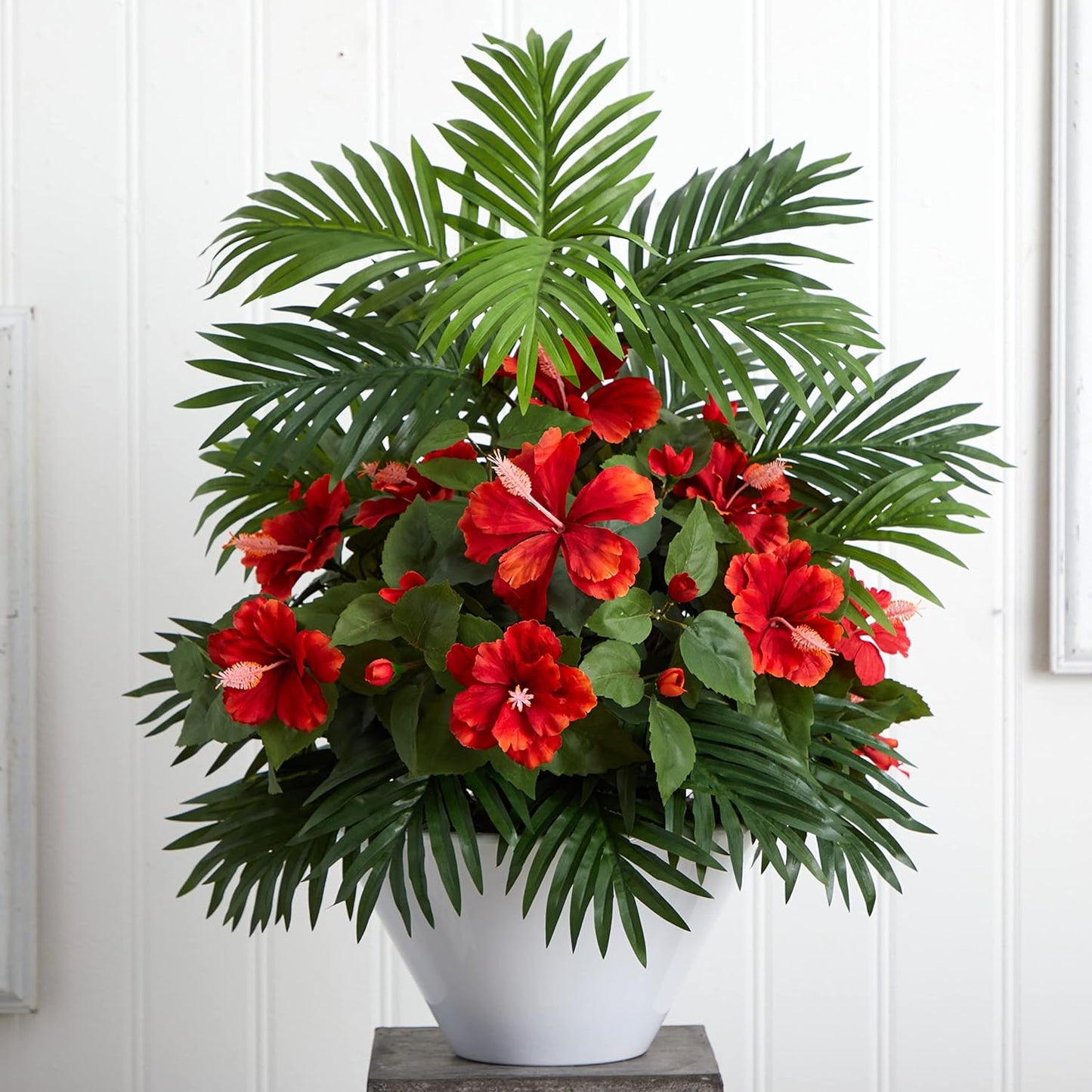 Hibiscus and Areca Palm Artificial White Bowl Silk Plants, Red