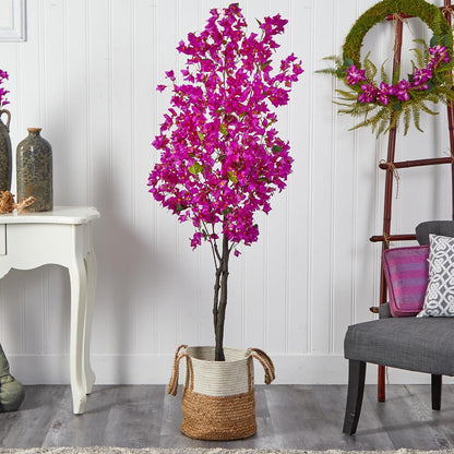 6ft. Artificial Bougainvillea Tree with Handmade Jute & Cotton Basket