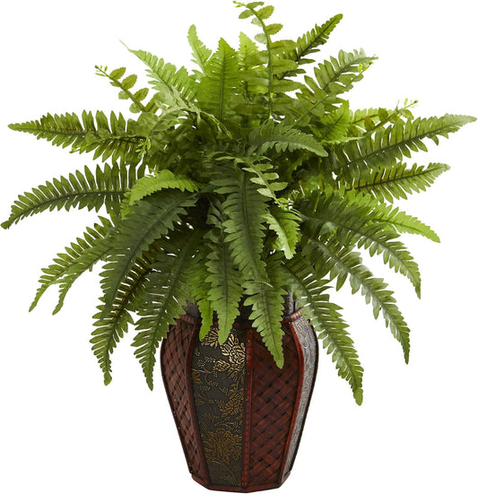Boston Fern Artificial Decorative Planter Silk Plants, 14 In. W x 14 In. D x 20 In. H, Green